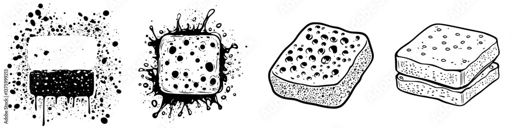 Poster various artistic sponge designs featuring different textures and patterns set against a clean backgr
