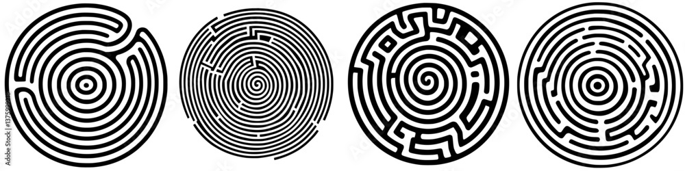 Poster various intricate circular maze designs showcasing different patterns and complexity levels at a cre