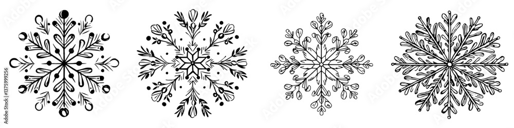 Poster intricate snowflake designs showcasing delicate patterns and shapes on a white background for winter