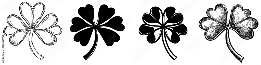 Poster four distinct clovers showcasing different artistic styles and designs in a simple monochrome format