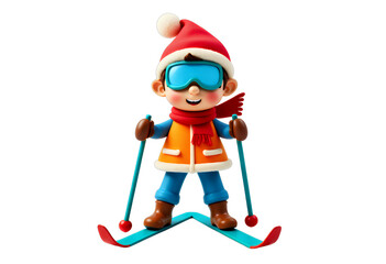 Fototapeta premium Cartoon Skier Boy with Santa Hat, transparent background. Festive, Winter.
