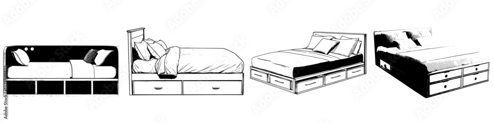 Poster different styles of beds showcasing various designs and storage options in a minimalist line drawing