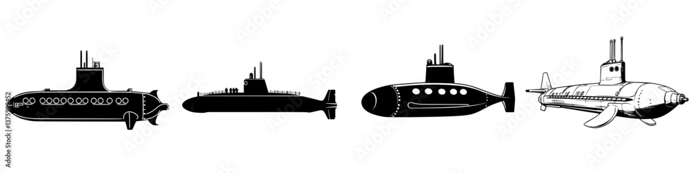 Poster variety of submarine designs showcasing different shapes and functionalities in a simple graphic for
