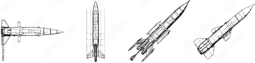 Poster detailed technical drawings of various rocket designs showcasing different configurations and compon