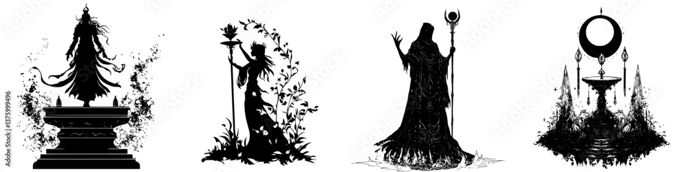 Poster multiple silhouette figures representing mystical beings standing in different poses against a plain