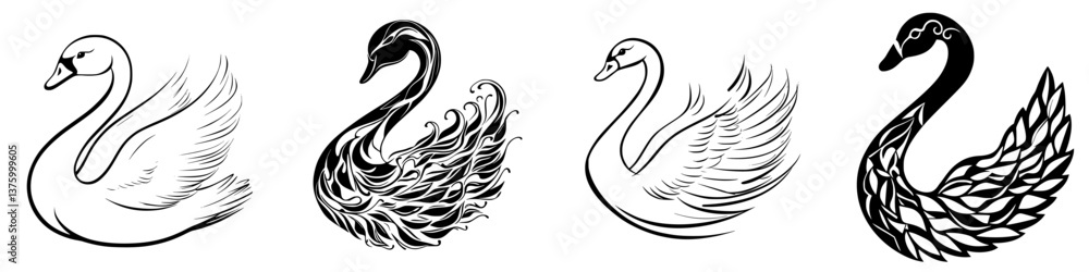 Poster elegant swan designs showcasing intricate patterns and flowing lines in black and white