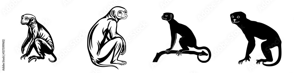 Poster different styles of monkeys depicted through vector illustrations showcasing various postures and ex