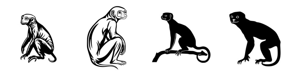 Different styles of monkeys depicted through vector illustrations showcasing various postures and expressions
