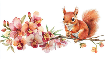 Fototapeta premium Squirrel and Flowers Watercolor: A captivating watercolor illustration showcases a charming squirrel perched on a branch adorned with blooming flowers.