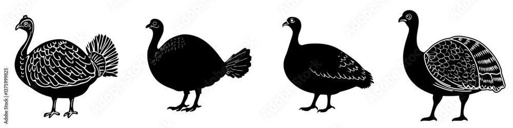 Poster various silhouettes of turkeys showcasing different feather patterns and postures in a simple artist