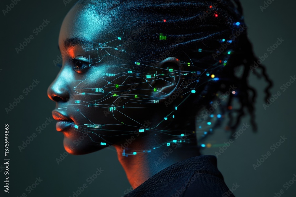 Aufkleber a young woman's face is overlaid with a futuristic network of glowing lines and data streams, repres