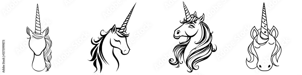 Poster different styles of unicorn illustrations showing various facial expressions and designs in a whimsi