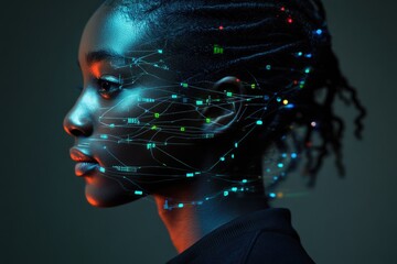 A young woman's face is overlaid with a futuristic network of glowing lines and data streams, representing AI and digital connection.