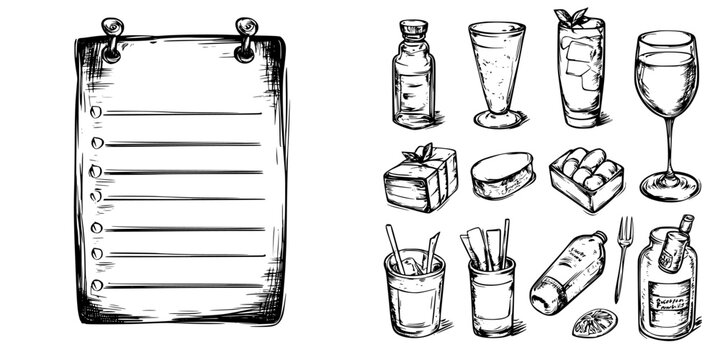 Creative drink menu illustration showing various beverages and snacks beside a blank notepad for writing notes