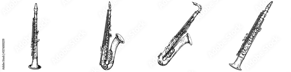 Poster different types of saxophones displayed in a row showcasing their unique designs and structures