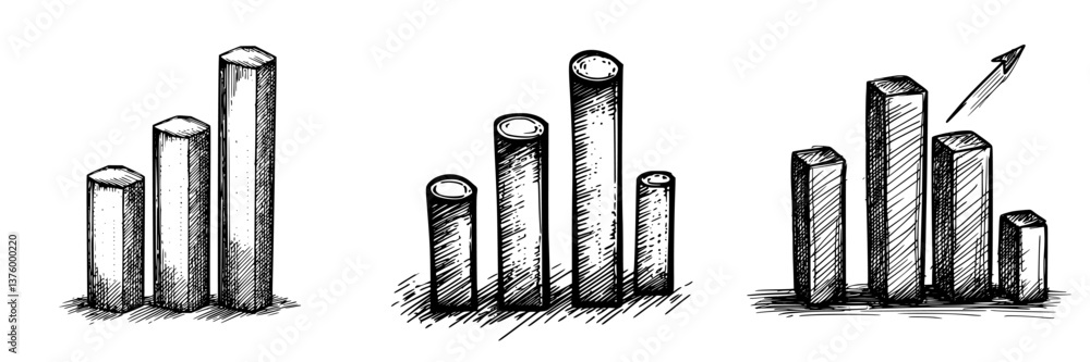 Aufkleber graph illustrations showing growth trends in business data across three stages of development