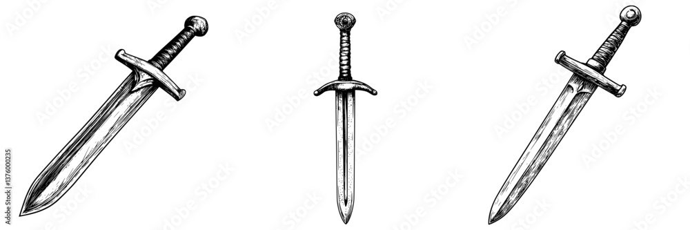 Poster various designs of swords displayed in a linear arrangement showcasing their distinct shapes and fea