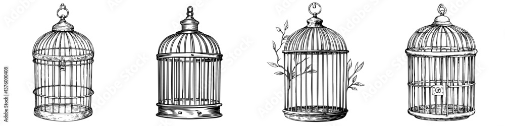 Poster various styles of vintage birdcages displayed side by side with intricate designs and unique feature