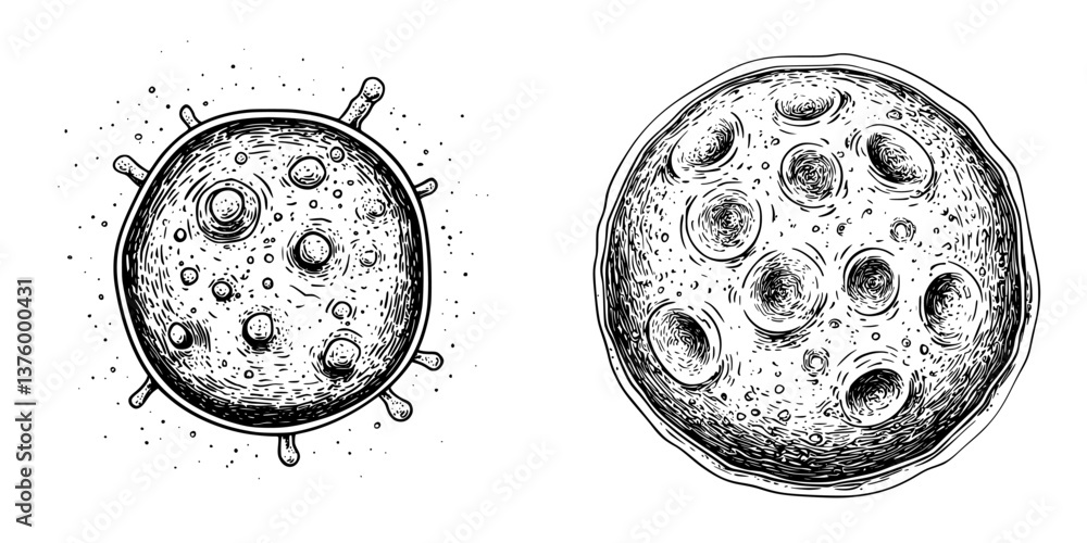 Poster detailed illustrations of two different cell structures captured in black and white with intricate d