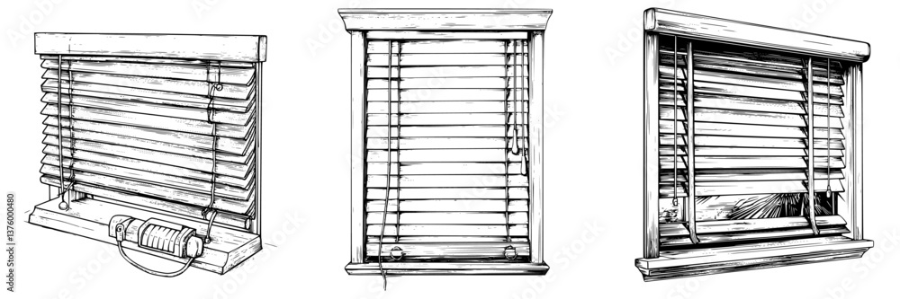 Poster different styles of window blinds showcasing various designs and mechanisms in a simple, minimalist 