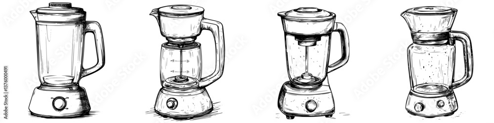 Poster different styles of kitchen blenders displayed in a row for comparison of design and functionality