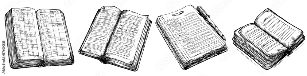 Poster various open and closed notebooks showcasing handwritten notes and organized lists on a plain backgr