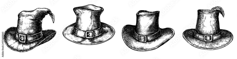 Poster vintage hats displayed in a row showcasing diverse styles and designs from different eras during a c