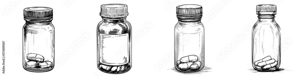 Poster multiple glass containers with various capsules displayed on a white background for health and welln