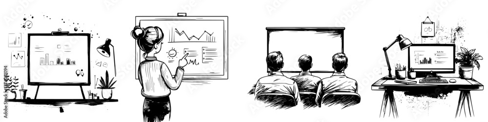Poster business professionals engage in collaborative discussion and analysis in a modern office setting du