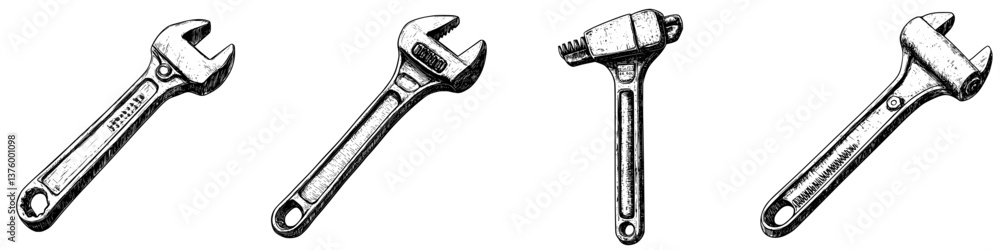 Poster various types of adjustable wrenches displayed on a plain background showcasing their unique designs