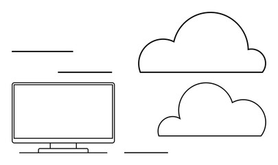 Computer monitor beside two cloud icons. Ideal for cloud computing, data storage, digital technology, online services, remote work, networking, web applications. Line metaphor