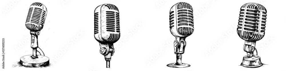 Poster vintage microphones arranged in a row showcasing various classic designs and styles in a timeless di