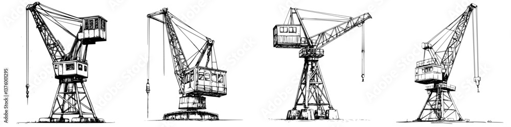 Poster detailed sketches of cranes displaying varied structures and designs for construction applications