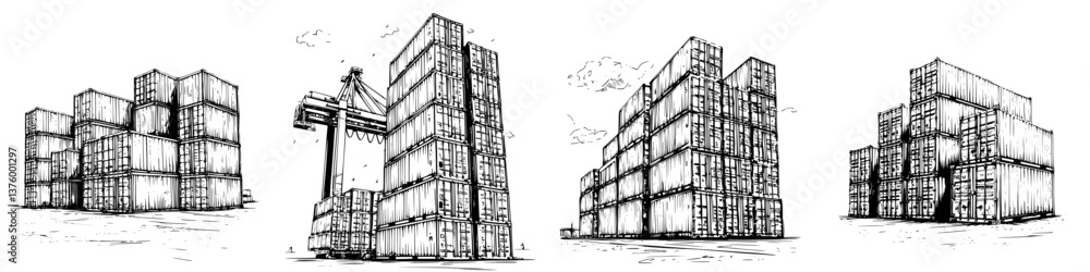 Poster container storage and crane unloading in a busy shipping yard during daytime hours