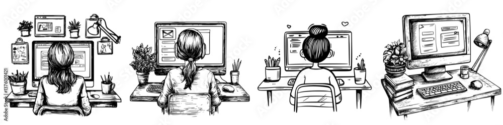 Poster multiple individuals working focused on computers in a home office setup showcasing different work s