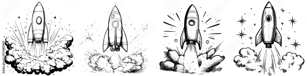Poster different rocket designs blasting off into space with clouds and explosive effects captured in black