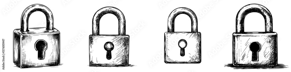 Poster different types of padlocks illustrated in sketch style showing various designs and lock mechanisms 