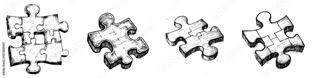 Poster puzzle pieces arranged in various positions showcasing different styles and textures in a creative l