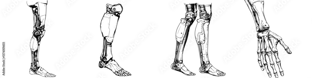 Poster detailed sketches of various prosthetic limb designs showcasing functionality and structure