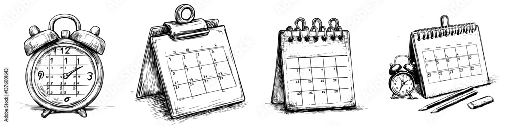 Poster various types of calendars and clocks illustrating time management and organization concepts