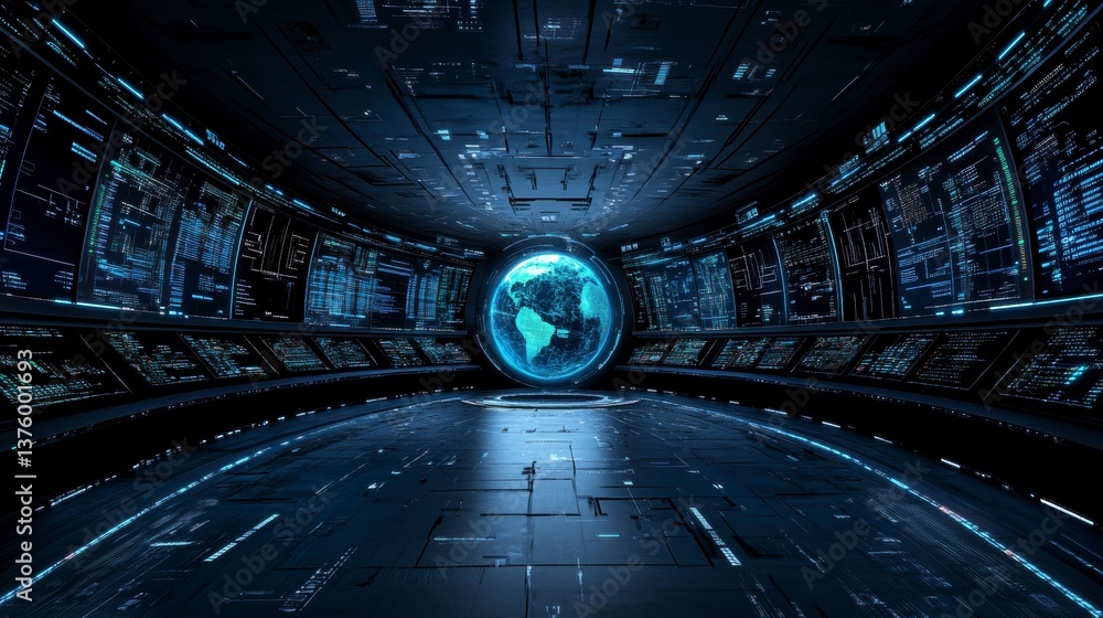Poster futuristic control room interior with glowing screens displaying global data and a central holograph