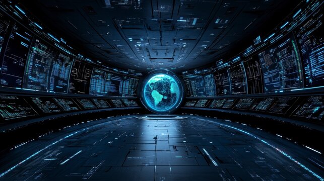 Futuristic control room interior with glowing screens displaying global data and a central holographic Earth. Dark blue and black tones with technological details.