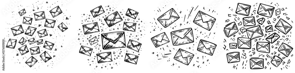 Aufkleber multiple sketches of envelopes in various arrangements on a white background representing communicat