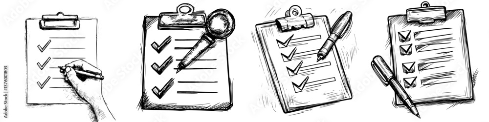 Poster multiple checklist illustrations showing task completion with different writing tools and check mark