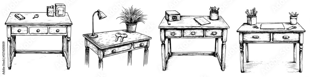 Aufkleber different styles of wooden desks arranged in a creative workspace setting with various accessories a