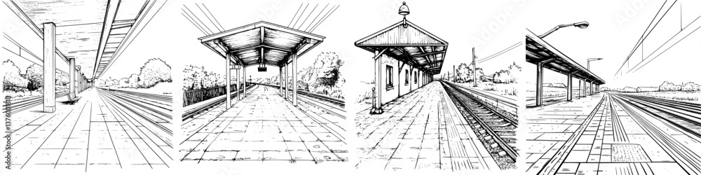 Poster train station sketches showcasing various perspectives and architectural details from different angl
