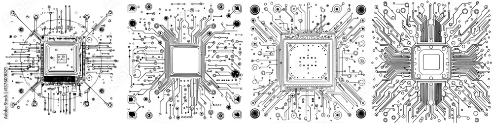 Poster complex circuits and microchips form an intricate design showcasing technological advancement in ele