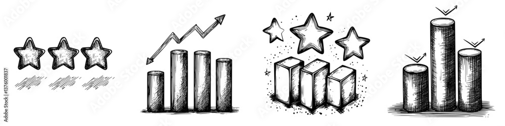 Poster visual representation of data analysis using bar graphs and stars to indicate performance metrics an