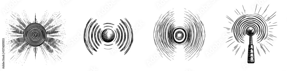 Poster sound wave patterns represented through artistic illustrations in black and white designs showcasing