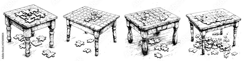 Poster Assembling a jigsaw puzzle on a wooden table throughout various stages of completion in a cozy indoor setting